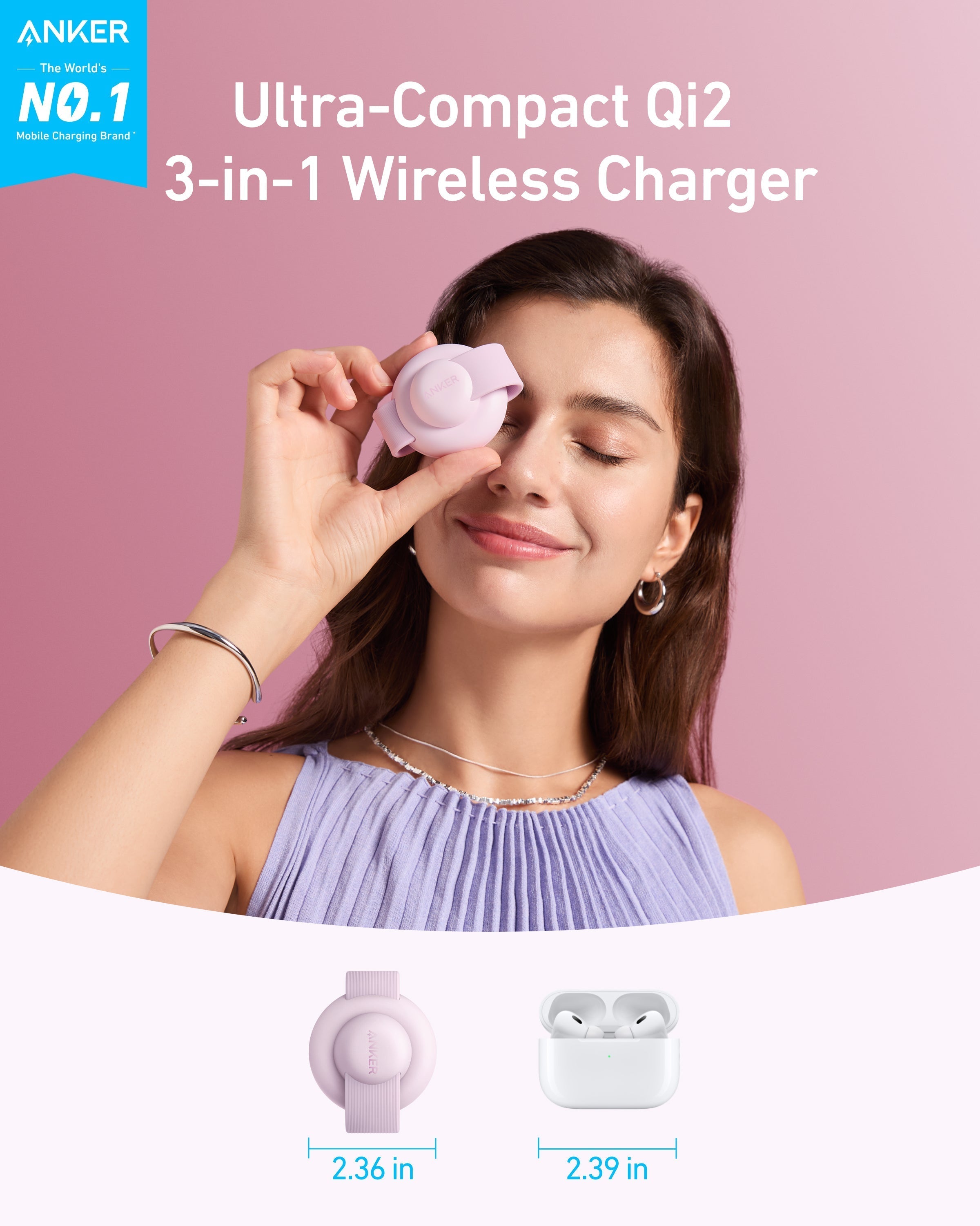 Anker compact Qi2 wireless charger with lavender style